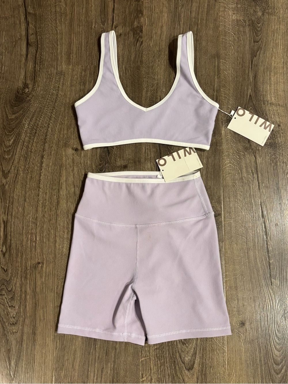 Wilo The Label Bra/ Biker Shorts Set Ribbed Lilac Active Set Womens Sz SMALL NWT